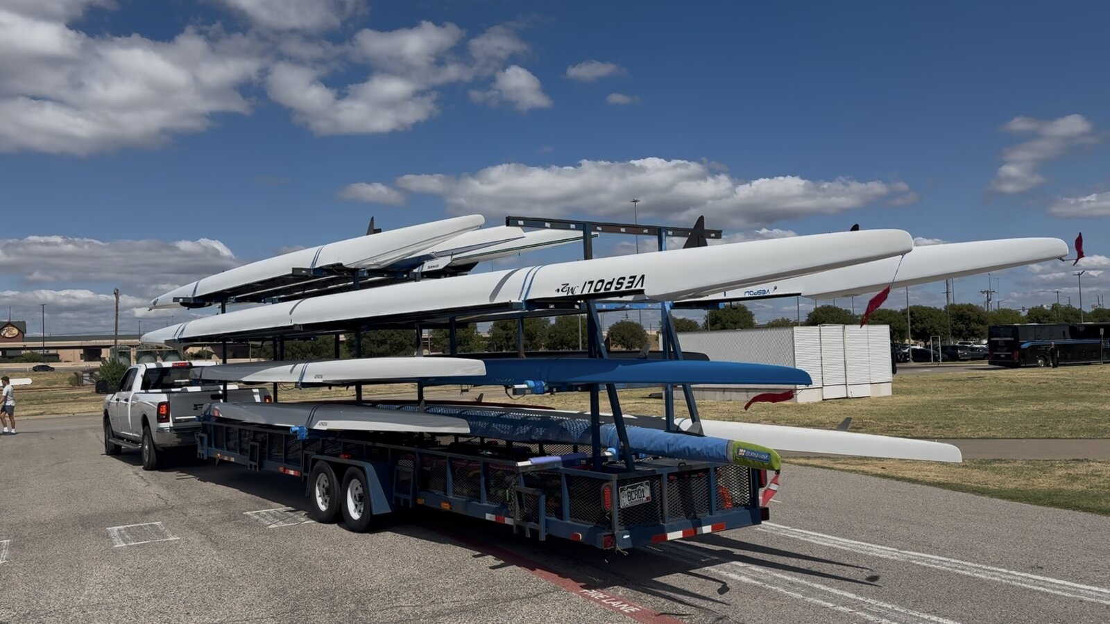 Boat trailer loaded with shells for a regatta